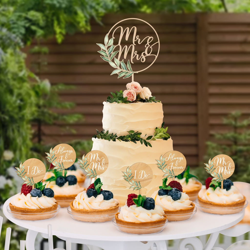 The Perfect Mr & Mrs Wooden Cake Topper and Cupcake Toppers with Leaves Design for your Wedding