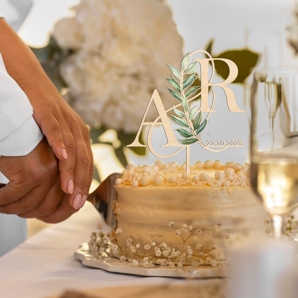 Cake Topper Personnalisé Mariage Automne - Initiales Acrylique Avec Feuilles, Tailles S/M/L, Couleur Or/noir/argent...