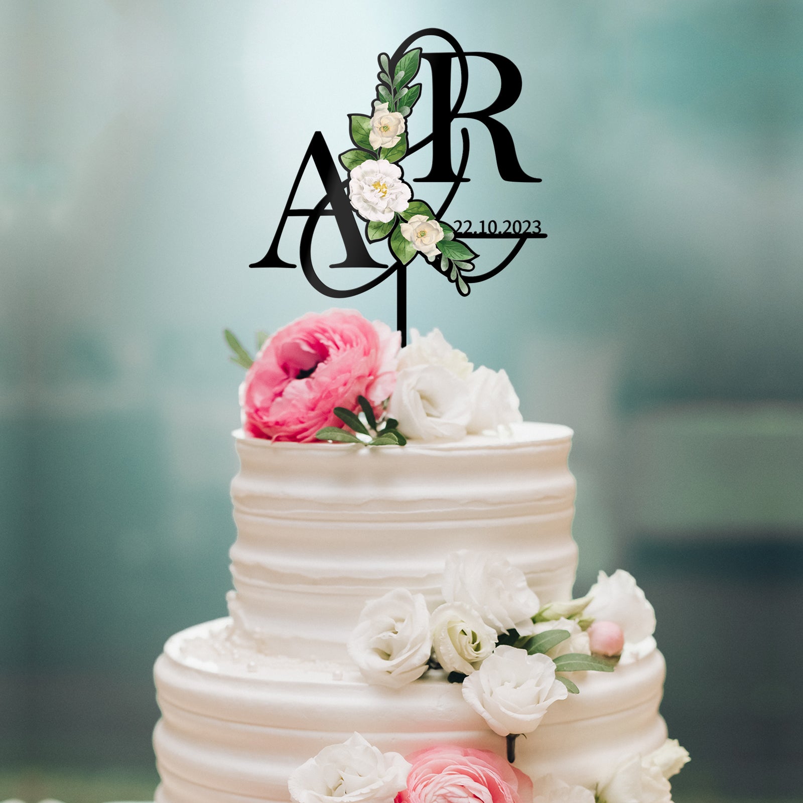Party to Be Personalized Wedding Cake Topper in Acrylic White Floral Design  - Custom Initials and Date Cake Decoration, image size:1600x1600