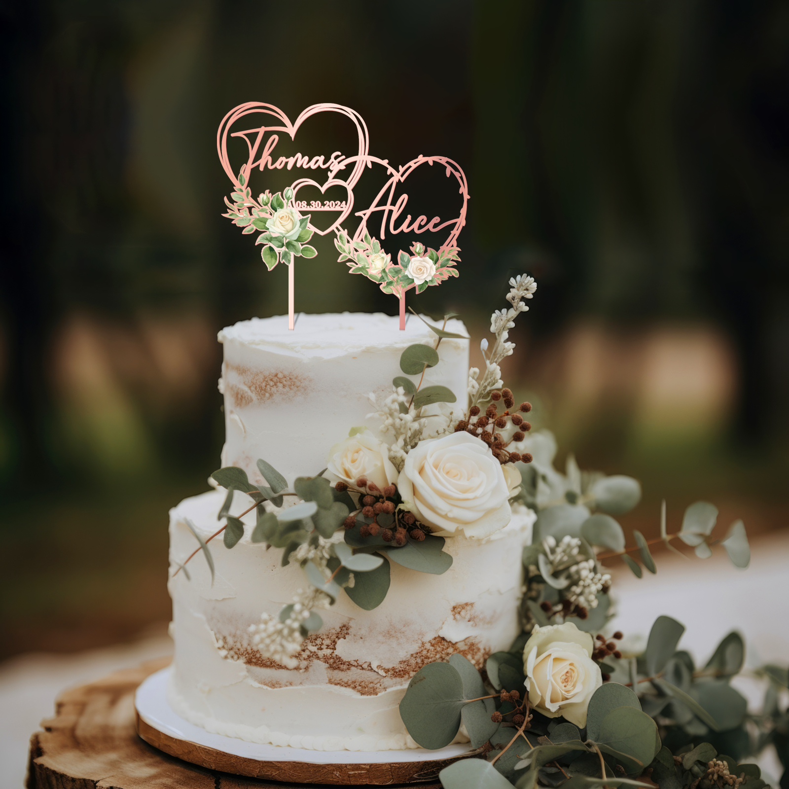 Personalized Hearts Wedding Cake Topper in Acrylic and Wood Custom Bride  Groom Names and Wedding Date White Floral Design Cake Decoration, image size:1600x1600