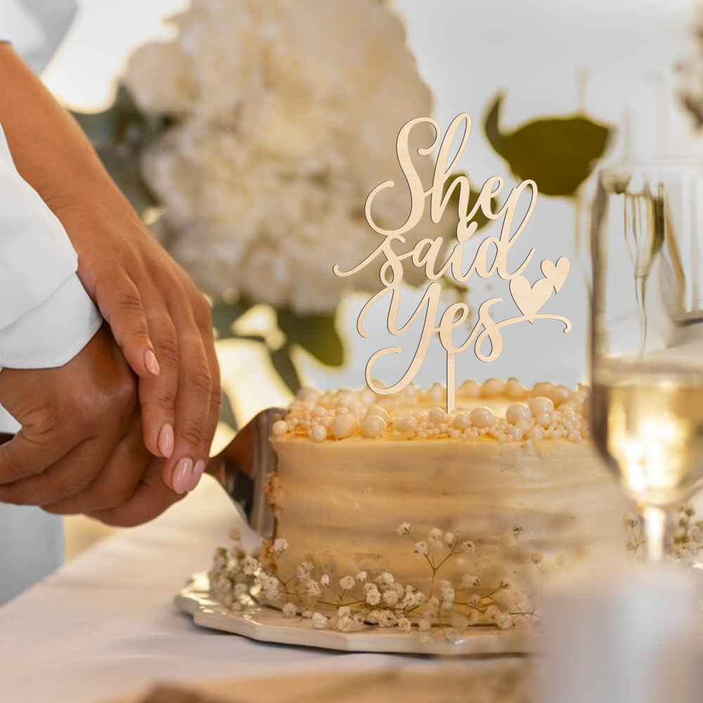 She Said Yes Cake Topper – Black Acrylic – Bridal Shower & Wedding Cake Decorations – YBM